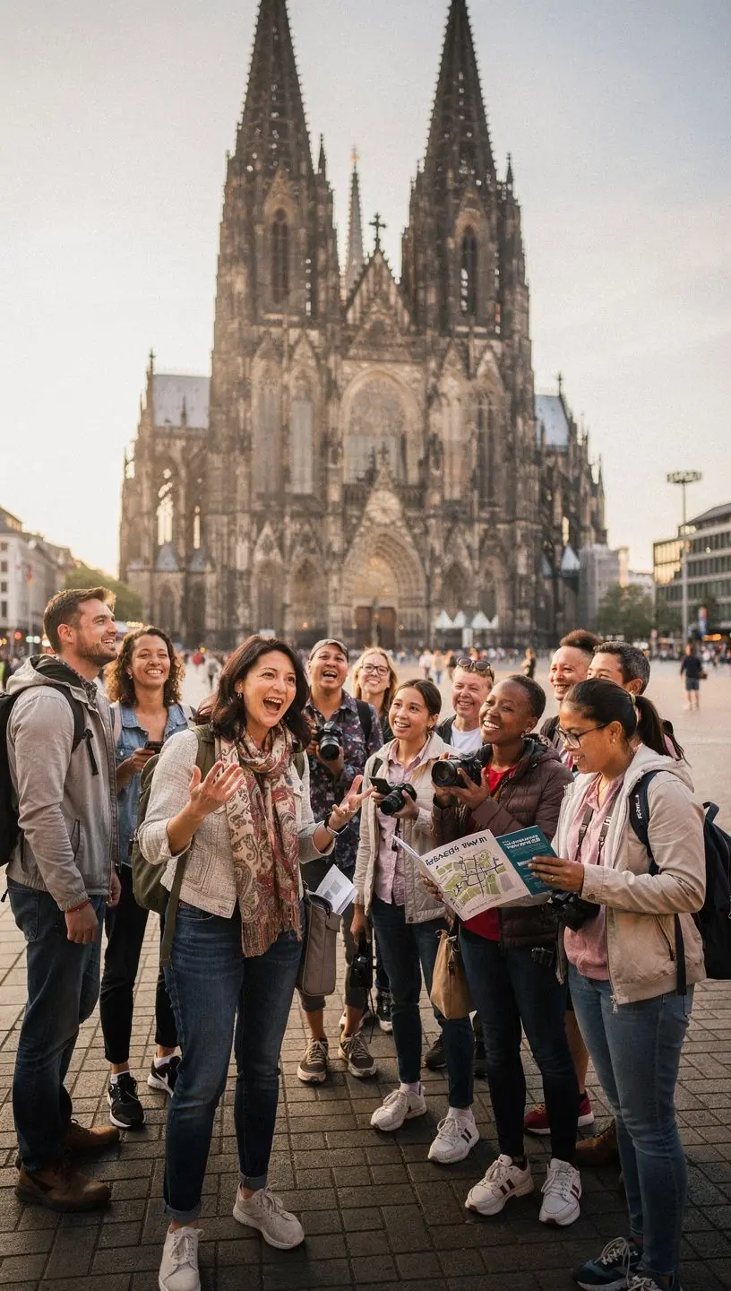 Touristen, die aufmerksam einem Stadtführer im historischen Viertel folgen und Notizen machen.