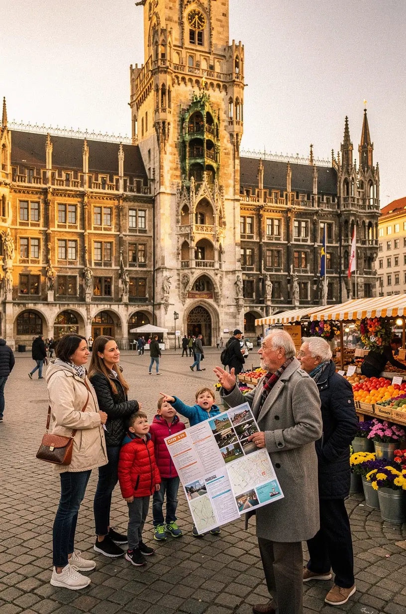 Tourgruppe, die vor einem markanten Denkmal steht und von einem Experten über die Geschichte informiert wird.