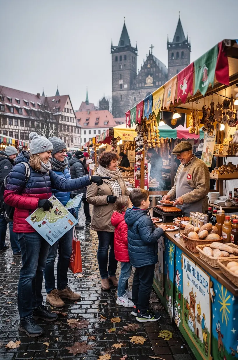 Geführte Stadttour mit Reiseführer, der eine Gruppe von Teilnehmern vor einem mittelalterlichen Stadttor informiert.